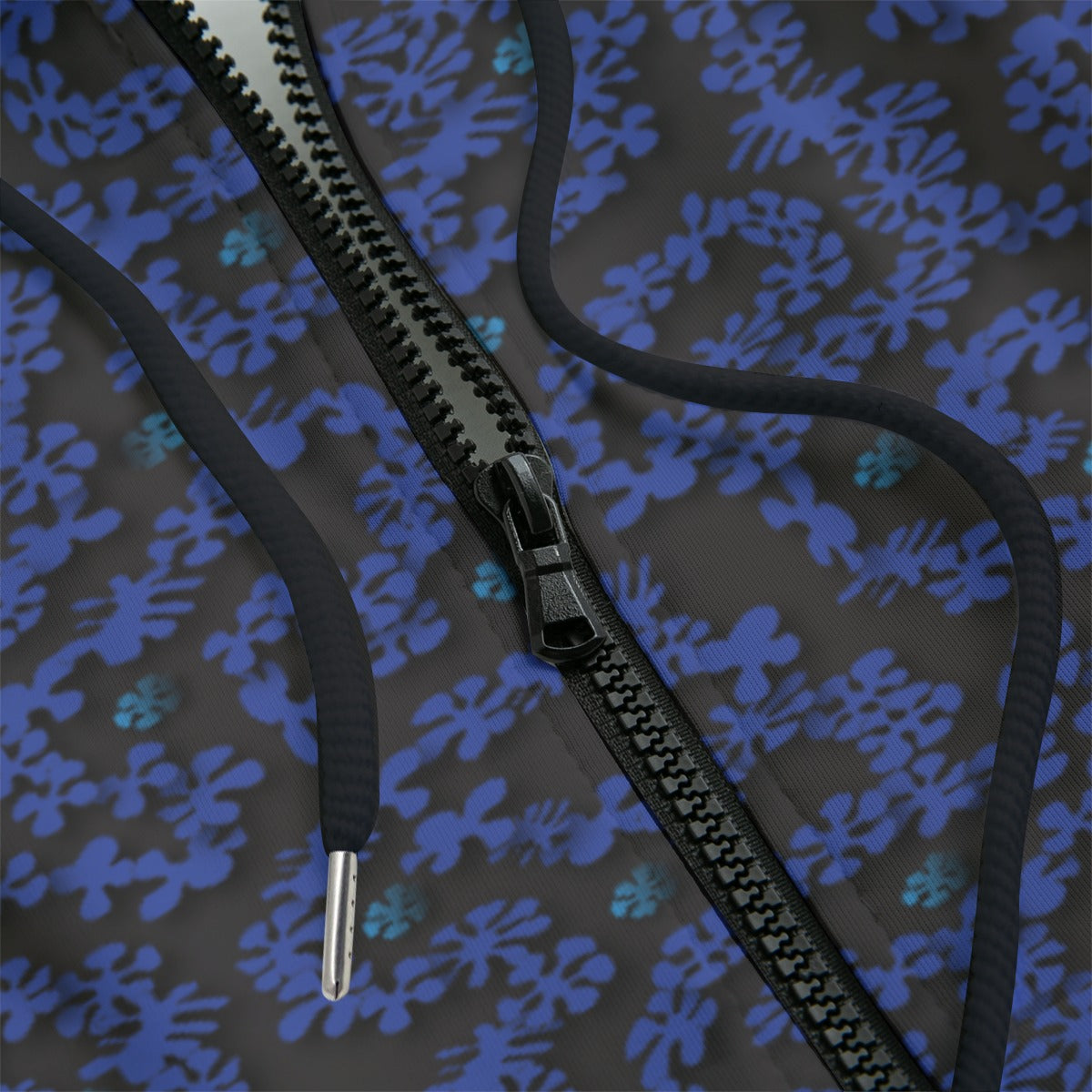 Front detail of Blue and black patterned hoodie