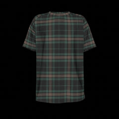 Front of plaid shirt with brown and beige pattern on a black background
