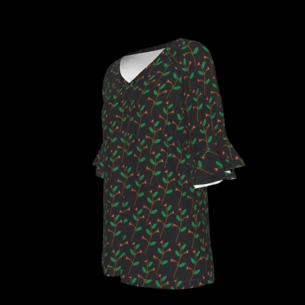 Left side of blouse with green leaf pattern on a black background