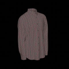 Right side of a long sleeved patterned shirt on a black background