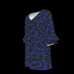Left side blue floral patterned blouse on a white background