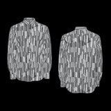 Front and Back of grey patterned long sleeve shirt on a black background