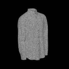 Right side of gray button-up long sleeve shirt on a black background