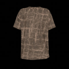 Front of brown patterned t-shirt on a black background