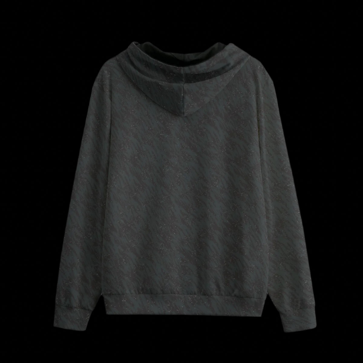 Back of a textured gray black zipper hoodie on a black background