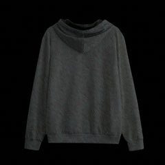 Back of a textured gray black zipper hoodie on a black background