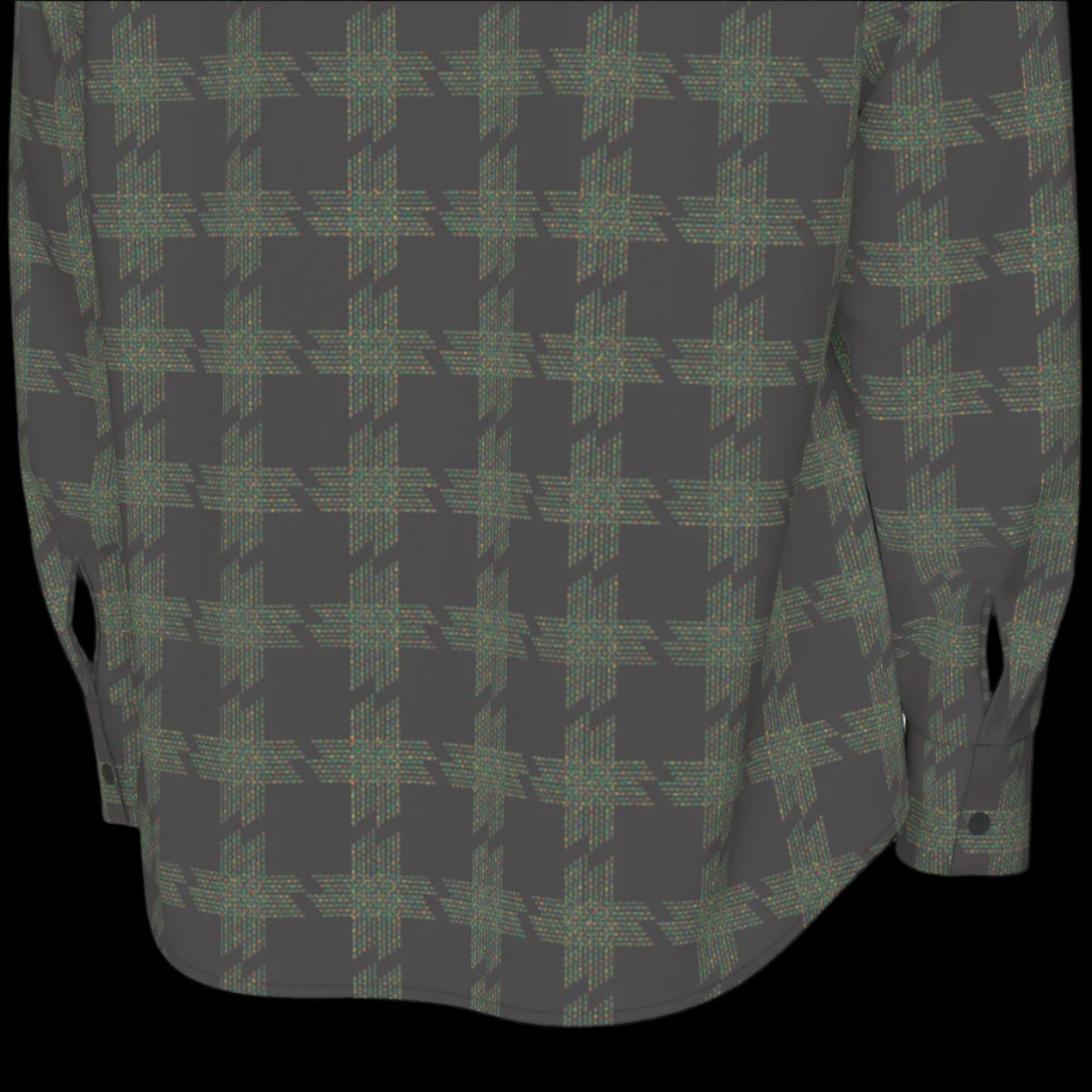 Bottom back of muted colorful plaid shirt on a black background