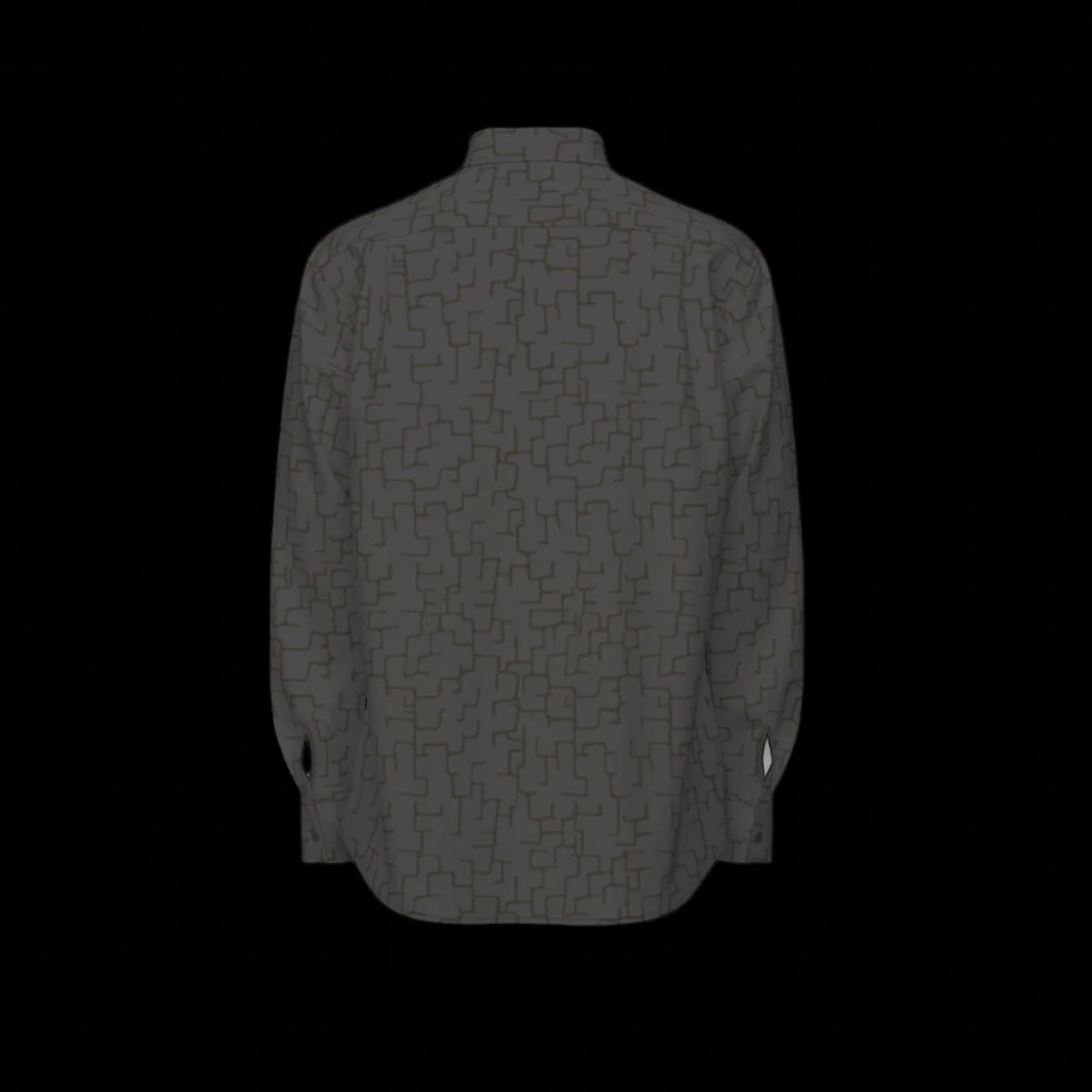 Back of a camouflage-patterned long sleeve shirt on a black background
