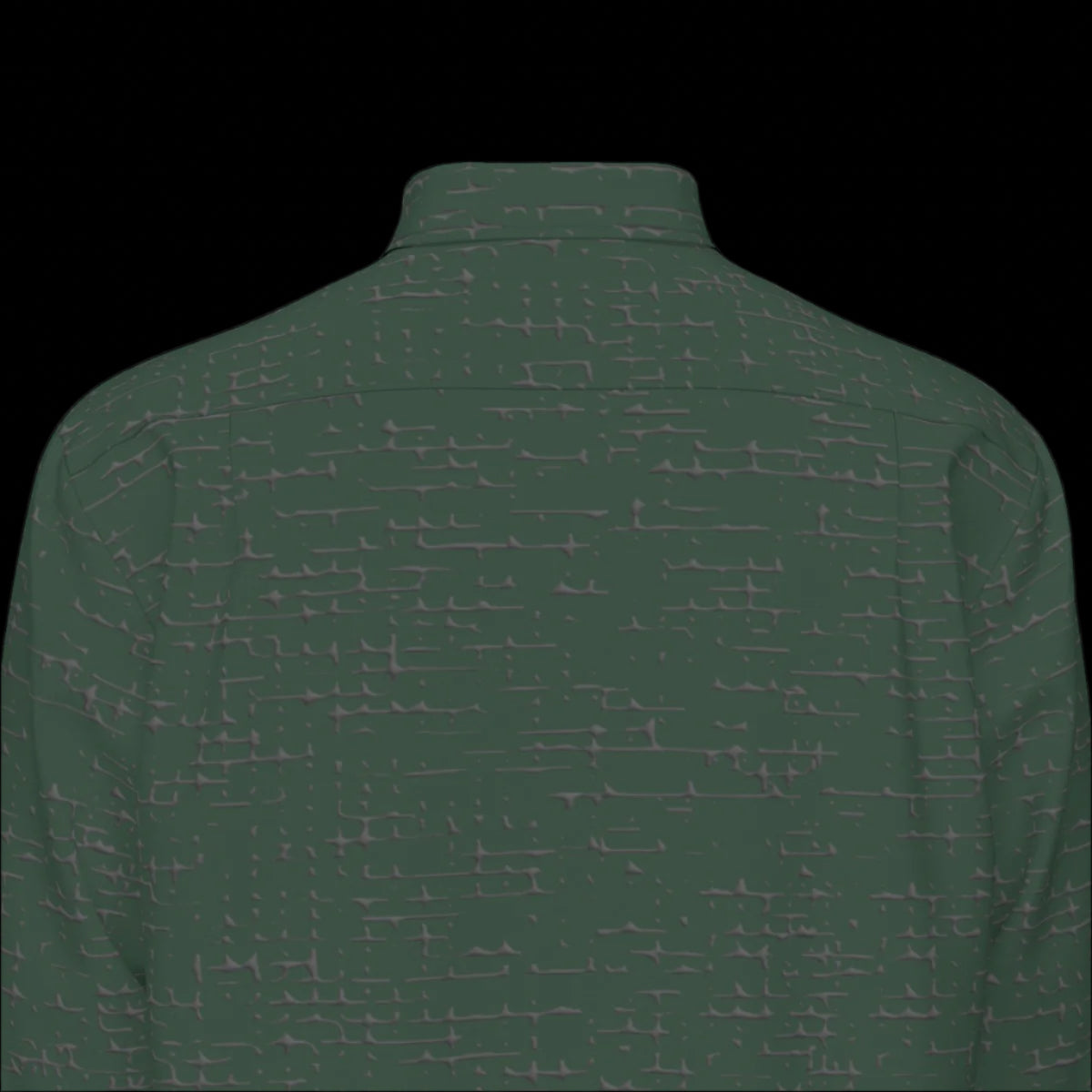 Top back of a green long sleeve shirt on a black background