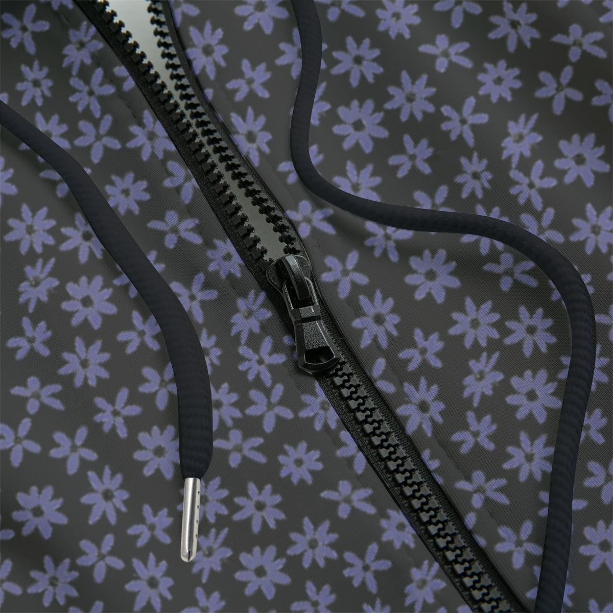 Front detail of black zipper floral patterned hoodie