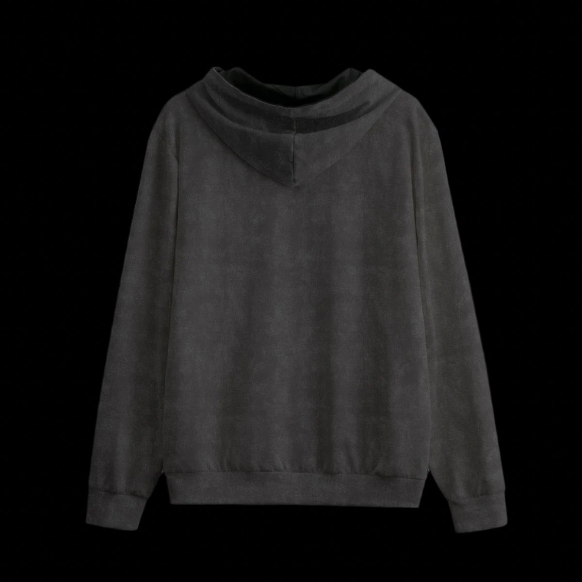 Back of a black and grey zipper hoodie on a black background