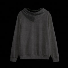 Back of a black and grey zipper hoodie on a black background