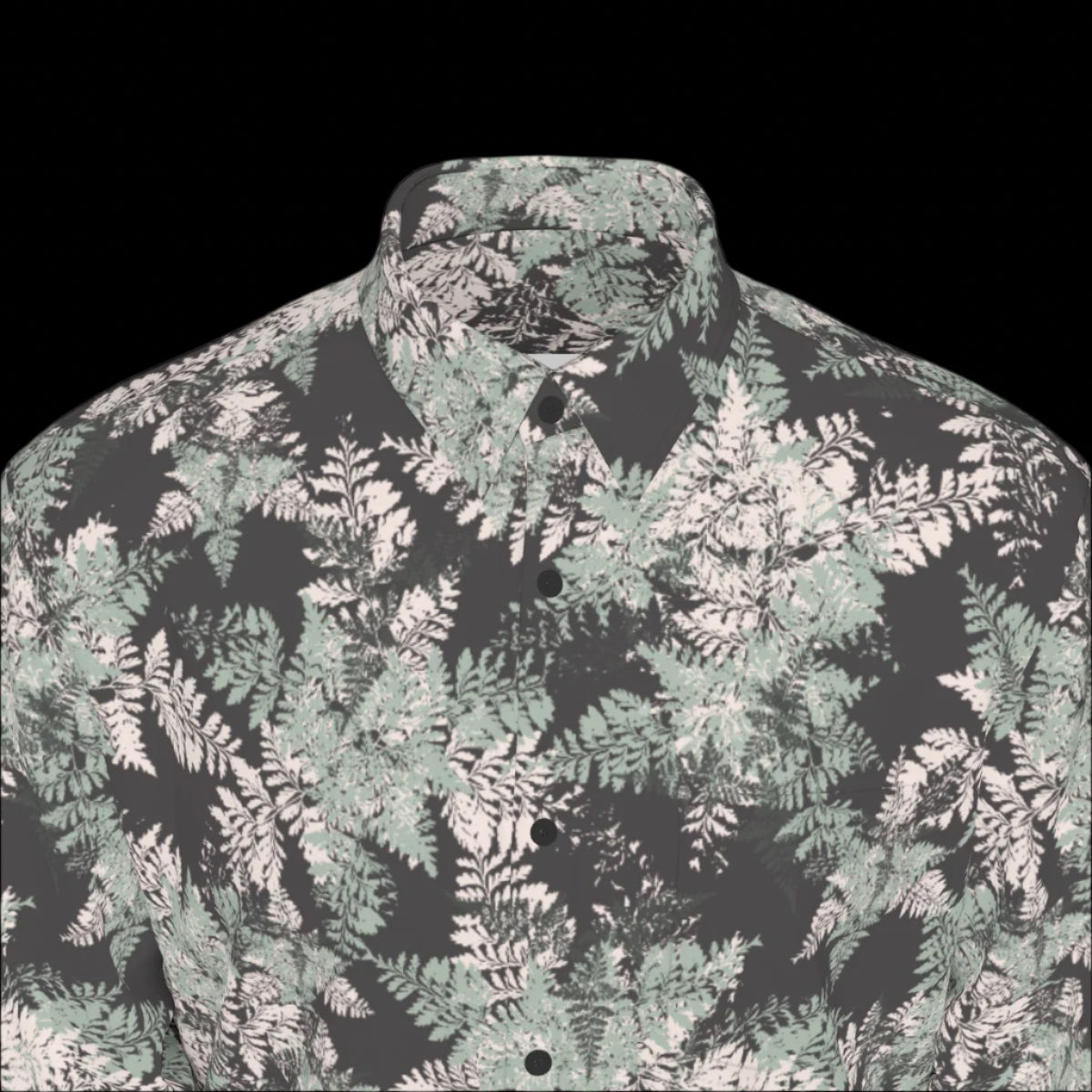 Front top of floral patterned shirt on a black background