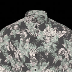 Front top of floral patterned shirt on a black background