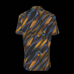 Back of short-sleeve shirt with a black and orange abstract pattern on a black background