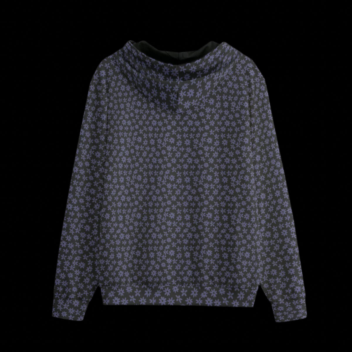 Back of black zipper floral patterned hoodie on  black background