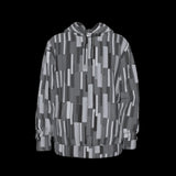 Front of gray patterned jacket on a black background