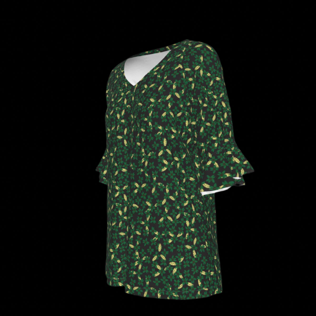 Left side of green patterned blouse on a black background