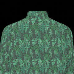 Top back of a green camouflage-patterned long sleeve shirt on a black background