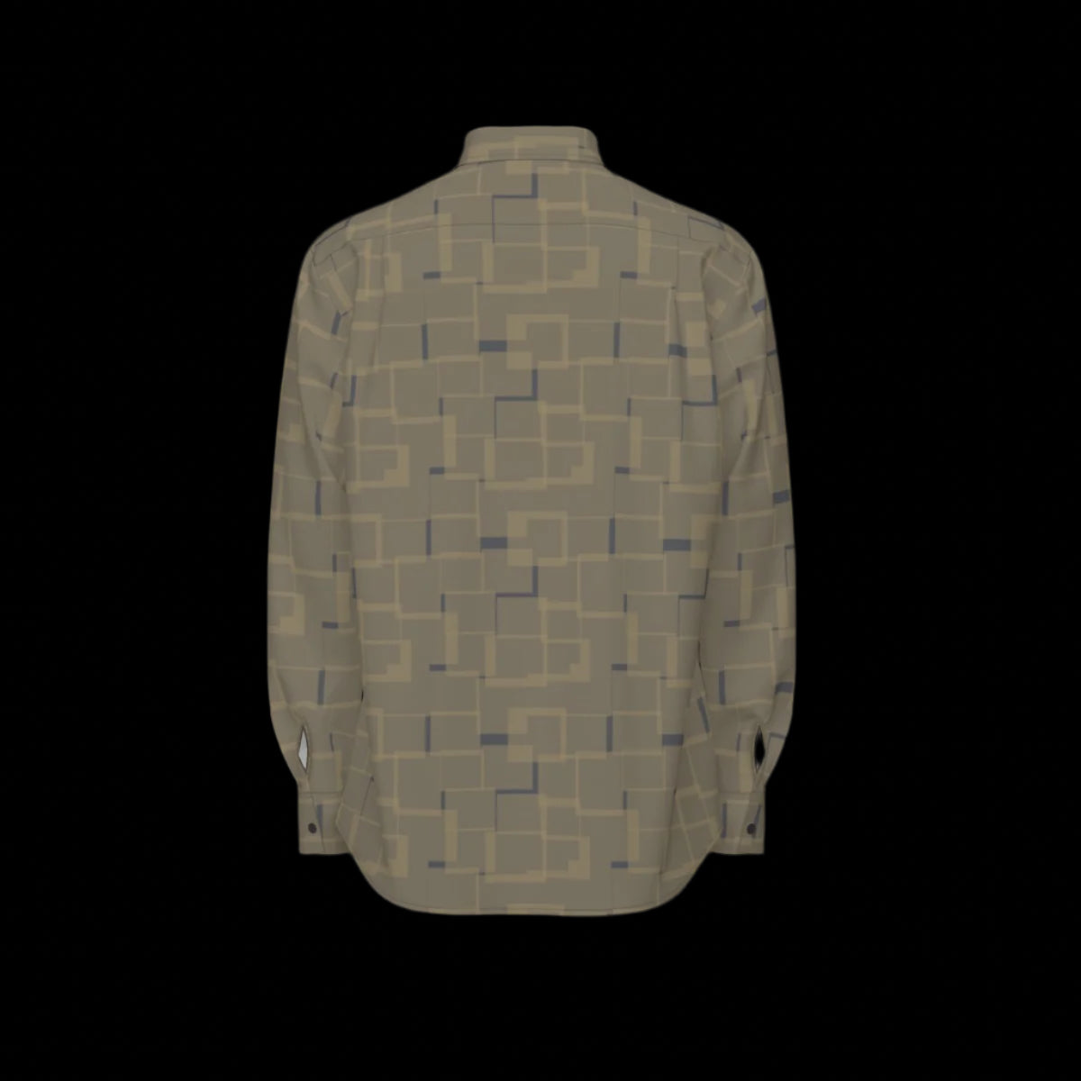 Back of green patterned long sleeve shirt on a black background