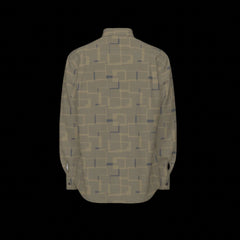 Back of green patterned long sleeve shirt on a black background