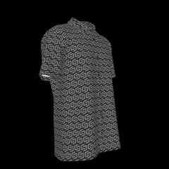 Right side of a button down short-sleeve shirt with geometric pattern on a black background