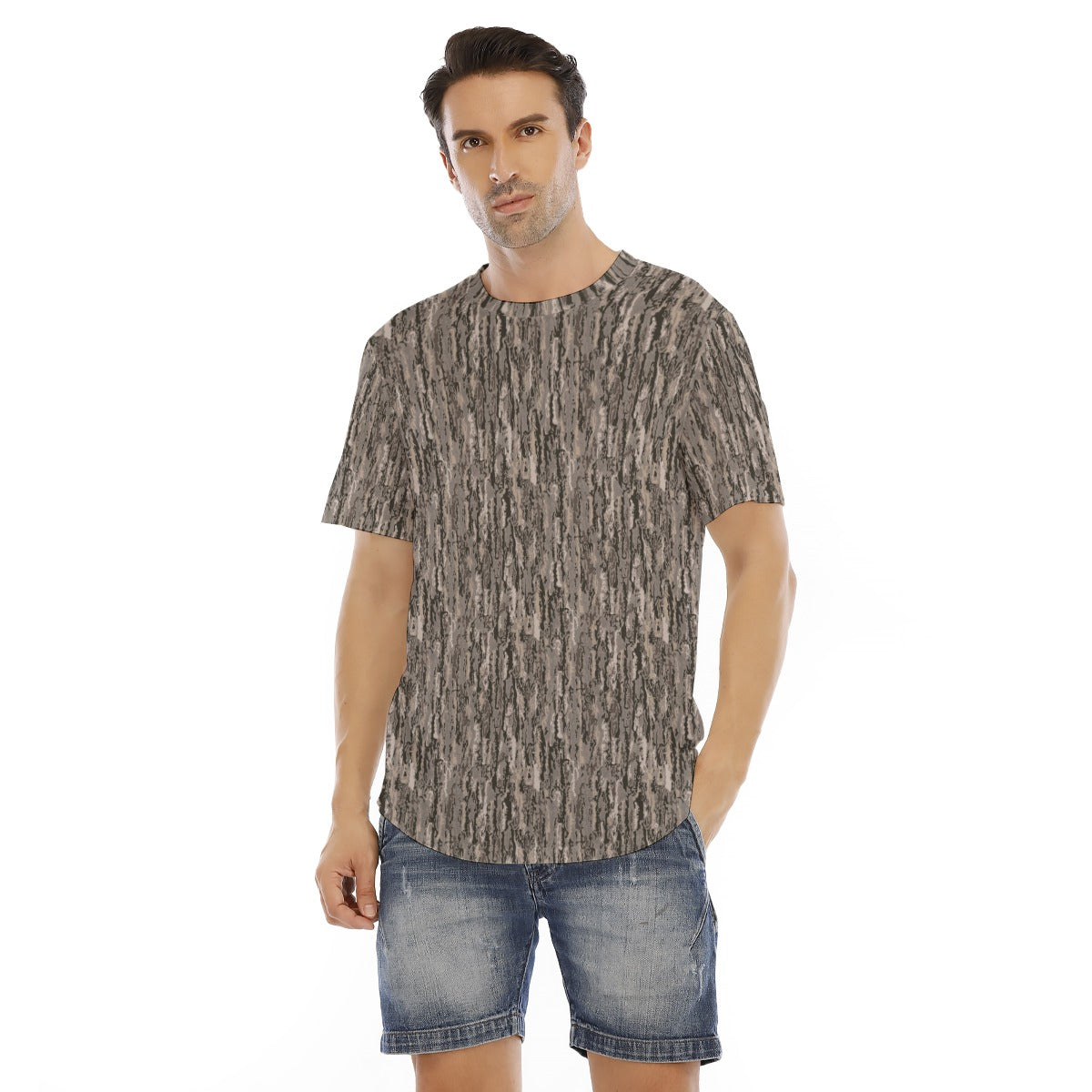 Men's Short Sleeve Rounded Hem T-shirt / Camo Tree Bark Small Design