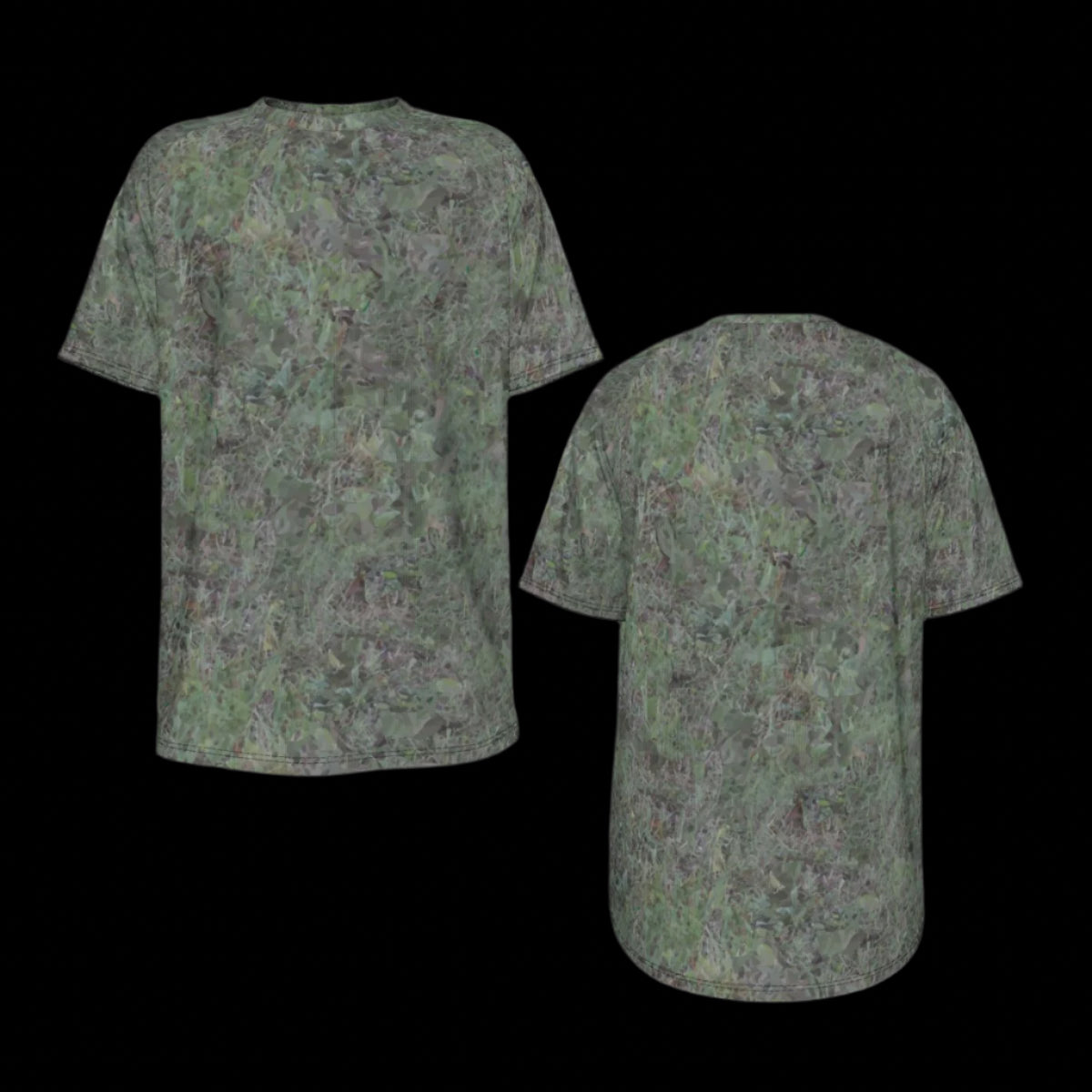 Front and Back of camouflage-patterned shirt on a black background