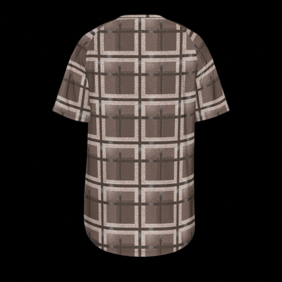 Back of plaid shirt with brown and beige pattern on a black background