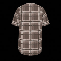 Back of plaid shirt with brown and beige pattern on a black background
