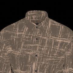 Front top of brown patterned shirt shown from front and back on a black background