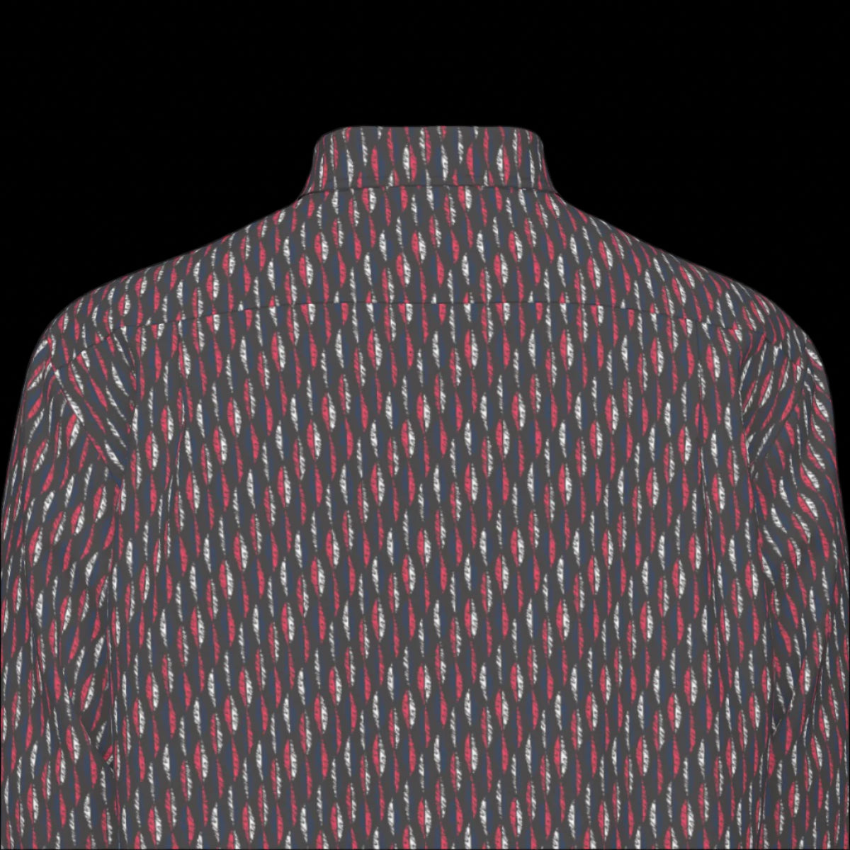 Top back of patterned long sleeve shirt on a black background