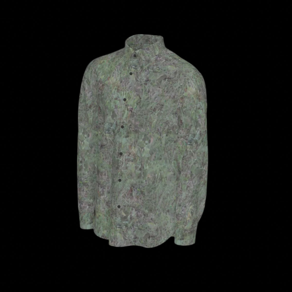 Left side of green patterned long sleeve shirt on a black background