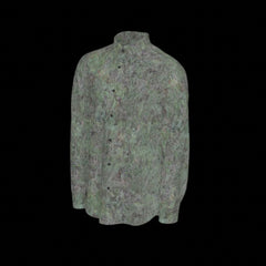 Left side of green patterned long sleeve shirt on a black background
