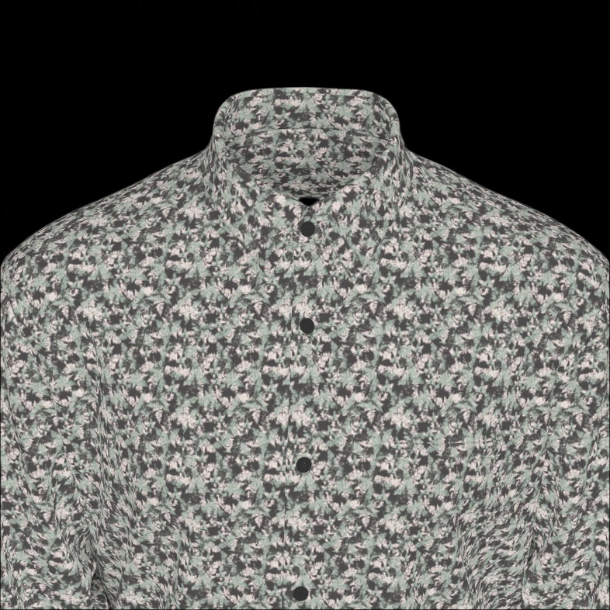 Top front of floral patterned long sleeve shirt on a black background
