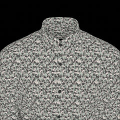 Top front of floral patterned long sleeve shirt on a black background