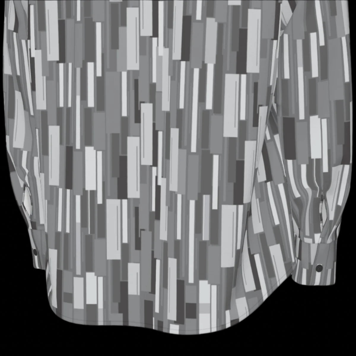 Bottom back of grey patterned long sleeve shirt on a black background