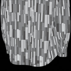 Bottom back of grey patterned long sleeve shirt on a black background