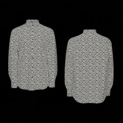 Front and back of floral patterned long sleeve shirt on a black background