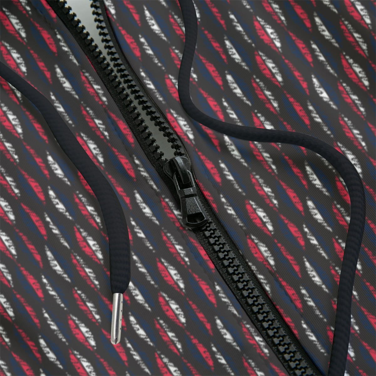 Front detail of a multicolored pattern hoodie