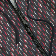 Front detail of a multicolored pattern hoodie