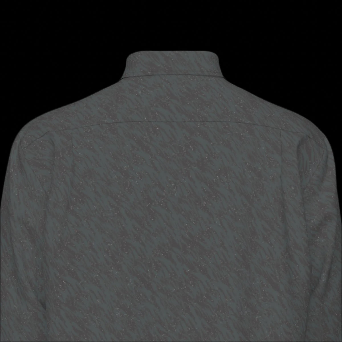 Top back of a gray long sleeve shirt on a black background