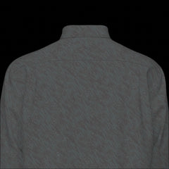 Top back of a gray long sleeve shirt on a black background