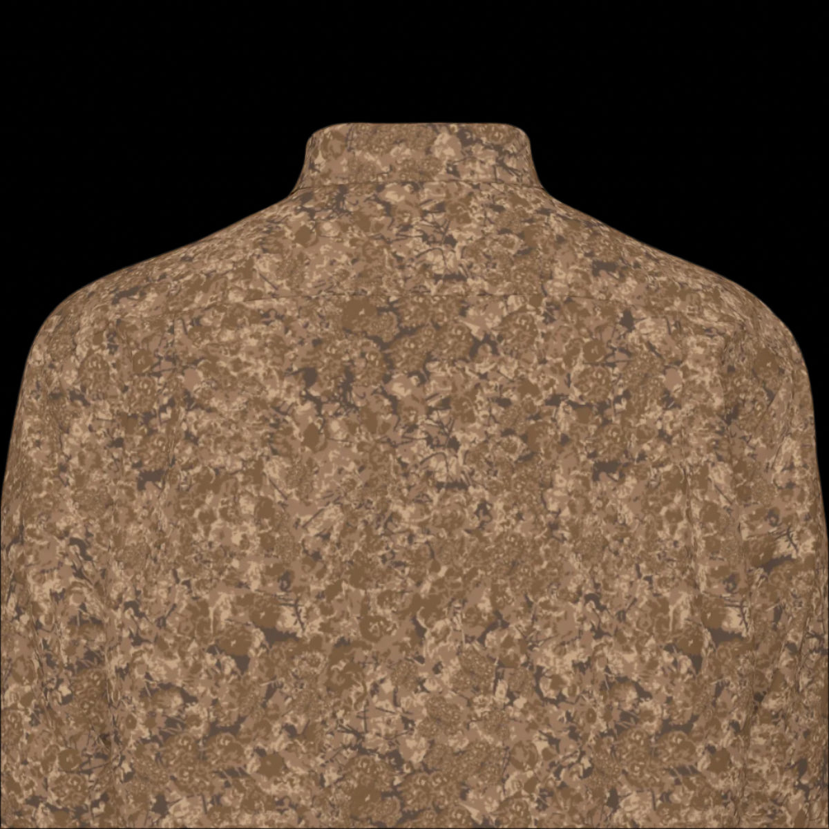 Top back of brown patterned long sleeve shirt on a black background