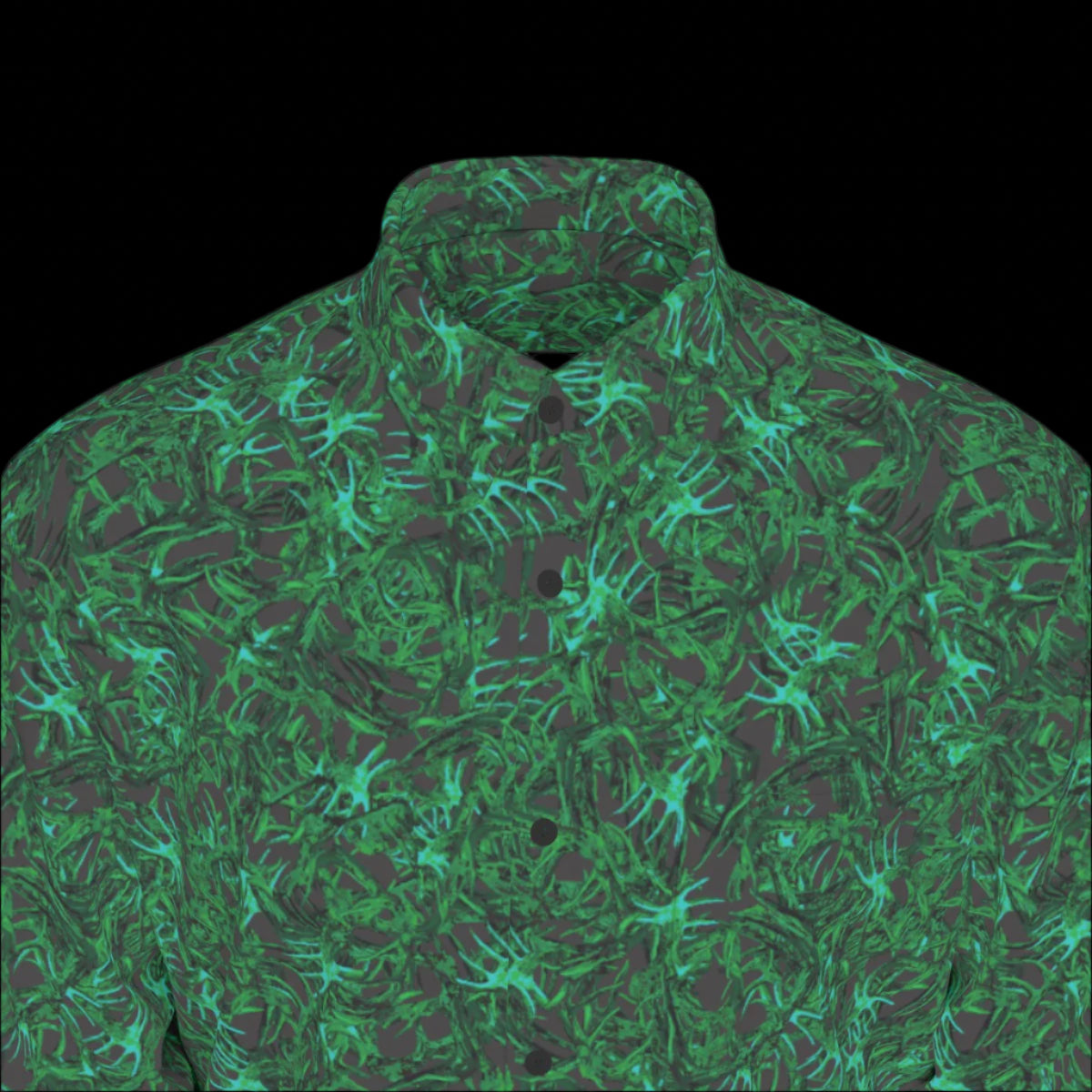 Top front of a green patterned long sleeve shirt on a black background