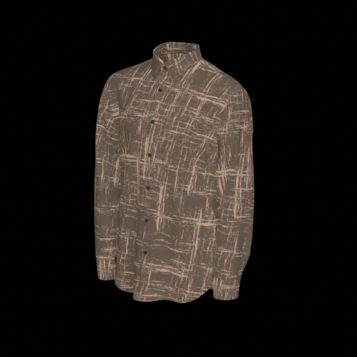 Left side of brown patterned shirt shown from front and back on a black background