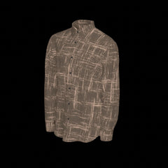 Left side of brown patterned shirt shown from front and back on a black background