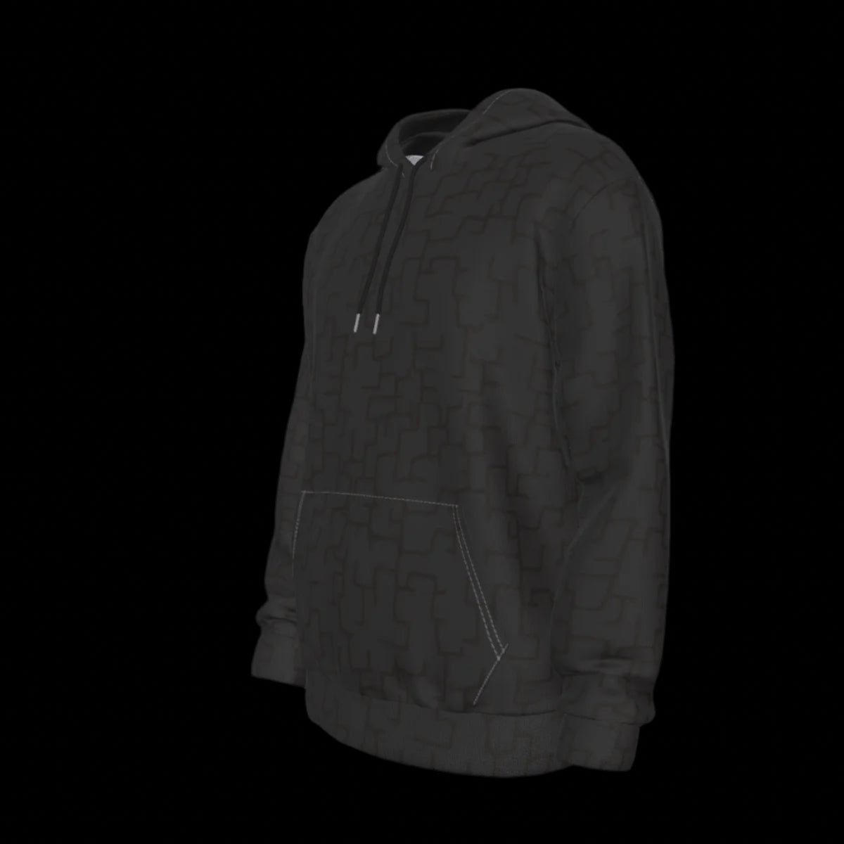 Left side of men's pullover hoodie with a hood and front pocket, made of black scuba fabric on a black background.