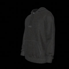 Left side of men's pullover hoodie with a hood and front pocket, made of black scuba fabric on a black background.