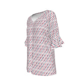 Women’s V-neck T-Shirt with Bell Sleeve / Patriotic Inline on White Design